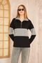 Women's Black Gray Long Sleeve Zippered Polo Collar Color Block Basic Loose Sweatshirt Blouse 3471242 - 3