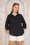 Women's Black 100% Cotton Flared Linen Fabric Casual Sports Shirt / Three-Quarter Sleeves / with Pockets /3619275 - 3