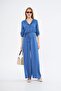 Women's Blue Pocketed Elastic Waist Belt Piece Long Sleeve Round Neck Buttoned Comfortable Cut Overalls 3297506 - 4
