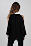Women's Black Sleeve Slit White Scarf Quen Crepe Shirt-2450143 - 4
