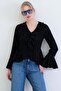Black V-Neck Spanish Sleeve Ruffle Blouse Alc-X15430