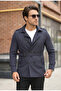 Men's Navy Blue Seasonal Lined Belted Double-Breasted Trench Coat - 2