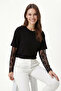 Lace Detailed Oversize Modal T-Shirt Lnt0028 Black - 2