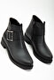 Women's Black Leather Thermo Sole Buckle Zippered Short Heeled Boots - 2