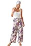 Women's Purple Patterned Linen Palazzo Wide Leg High Waist Summer Trousers - 3