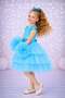 Girl's Buckle Pompom Sleeve Evening Dress Party Birthday Dress Without Skirt Glass Blue Color - 3