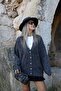 Anthracite standard size v-neck long Fleece-Lined cardigan