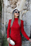 Red half fisherman stone embroidered dress - 3