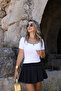 Black Pleated Mini Skirt with Elastic Waistband and Shorts Inside - 4