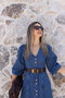 Blue Balloon Sleeve V-Neck Denim Dress - 3
