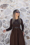 Brown Round Neck Dress with Belt Layered Flared Skirt - 3