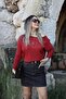Coffee-red standard size one shoulder open knit sweater