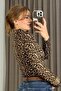 Women's leopard turtleneck sheer cashmere blouse - brown - 3