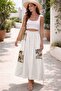 Patch Detailed Elastic Waist Italian Linen Skirt