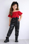 Girls' Stretch Fabric Leather Bow Detail Pants Red Strapless Cropped Blouse and Headband Set. - 2