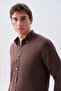 Men's Brown Slim Fit Long Sleeve Linen Shirt - 2