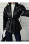 Waist-Tied Leather Jacket - Black - 3