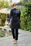Lycra Half Zipper Black Sporty Hijab Swimsuit Set - 3