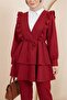 Ruffled Front Lace-Up Skirt and Layered Trousers Kimono Set - Burgundy - 3