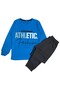 Boys' 100% Cotton Blue Athletic Patterned Long Sleeve Winter Pajama Set - 2
