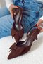 Pointed Toe Bow Tie Detailed Short Kitten Heel Bitter Brown Suede Women's Shoes - 2