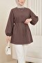 Round Neck Tie-Waist Balloon Sleeve Tunic - Light Brown - 5