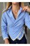 Blue Striped Poplin Shirt with Lace Detail - 5