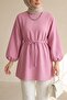 Round Neck Tie-Waist Balloon Sleeve Tunic - Pink - 4