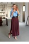 Double Belted Slit Detail Burgundy Pleated Skirt - 5
