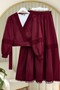 Lace Detailed Tie-Front Top with Elasticated Sleeves and Crinkle Fabric Skirt Set - Burgundy