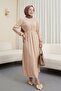 Lace-Up Dress with Padded Shoulders -Beige