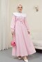 Baby Collar Striped Long Dress with Elastic Waist - Pink