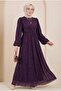 Elastic Sleeves, Glitter Stripes, Belted Dress - Purple - 3