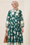 Half Button Sleeve Elastic Patterned Dress - Emerald - 2
