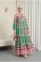 Patterned Lace-Up Dress with Elastic Sleeves - Green