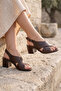 Brown Genuine Leather Cross-Strapped Thick Heeled Women's Shoes - 2