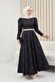 Belted Balloon Skirt Cold Print Caftan Evening Dress -Black
