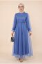 Puffy Sleeve and Skirt Belted Tulle Evening Dress -Blue - 4