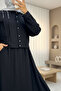 Buttoned Jacket Skirt Linen Set with Stones on the Shoulder - Black - 5