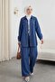 Buttoned Pocket Detailed Wide Leg Trousers Denim Suit -Indigo - 3