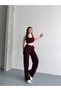 Women's High Waist Vertical Textured Lettuce Edge Detailed Palazzo Trousers