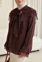 Lace-Up Collar, Ruffled Lace Detail, Long Back Cupra Shirt - Plum - 3