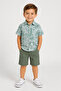 Boy's Green Color Two-Piece Set with Button Closure, Lettering, Picture Pattern Shirt and Linen Shorts