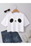Panda Eye Printed Loose Short Sleeve Crew Neck Women's Crop Tshirt - 2
