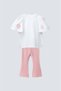 Kolu Pink Flowered Ruffled White T-Shirt and Pink Wide-Let Tights 100% Cotton Girls' Set - 2