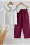 Bebe Yaka White T-Shirt and Cherry Color Muslin Pants Girls' Set - 2