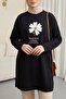 Floral Embroidered Crew Neck Combed Cotton Tunic - Black
