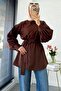 Balloon Sleeve Belted Poplin Shirt Tunic - Brown - 4