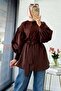 Balloon Sleeve Belted Poplin Shirt Tunic - Brown - 7