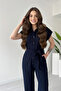 Women's Black Belt Detailed Short Sleeve Summer Linen Jumpsuit - 4